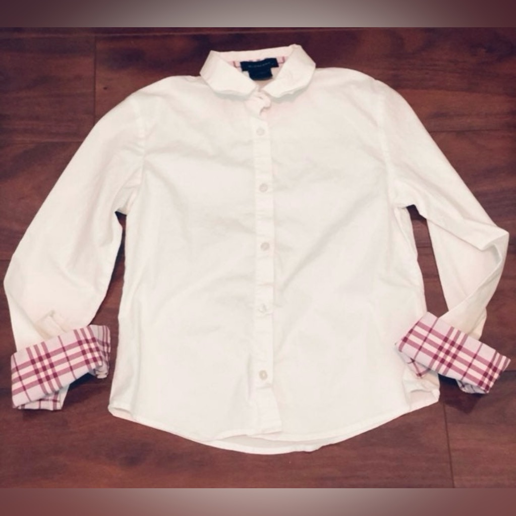 Burberry Girl Authentic White Button-Up Shirt With Plaid Cuffs 8y